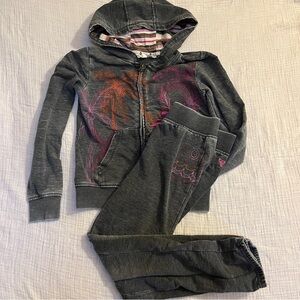 Roxy girl hoodie sweatpants set grey with pink & orange stripes and glitter sz